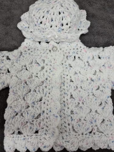 Christine M, pram coat & hat, crochet.